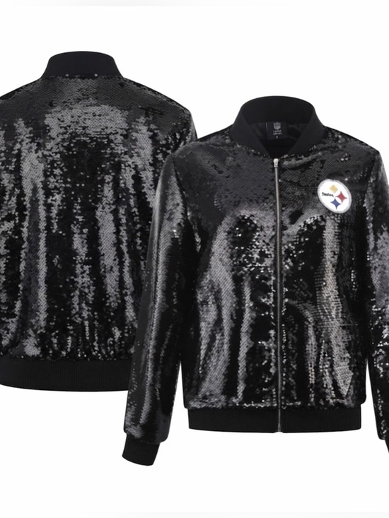 NFL Team Apparel Accessories - NFL Team Apparel, Sequin Bomber Jacket with Pittsburgh Steelers Patch, Black, OS